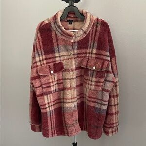 Coco + Carmen Plush Teddy Plaid Jacket in Burgundy and Cream
